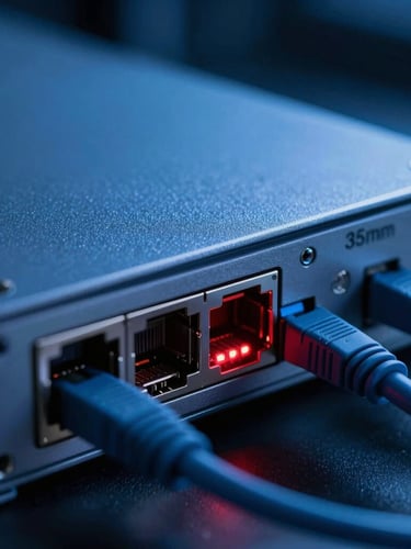 Macro detail shot of an enterprise firewall hardware port, cool blue studio lighting, sharp red indicator LED glowing, professional cabling, 35mm