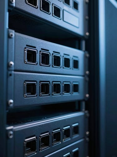 Network hardware close-up, cool blue studio lighting, sharp contrast, professional server rack environment, 35mm