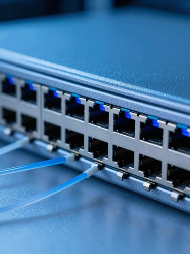 Macro detail shot of blue illuminated fiber optic ports on a high-end enterprise network switch, cool blue studio lighting, sharp contrast, 35mm