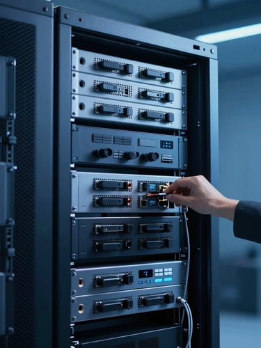 Sleek corporate technology photography, cool blue studio lighting, sharp contrast, professional network engineers configuring high-tech server environments, 35mm
