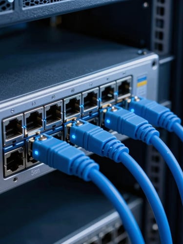 Close-up of professional networking hardware ports with glowing blue fiber optic cables connected, clean cable management, cool studio lighting, 35mm