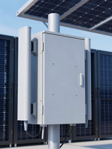 Industrial solar panels integrated with a weather-proof outdoor telecom cabinet, sharp technical detail, cool daylight, 35mm