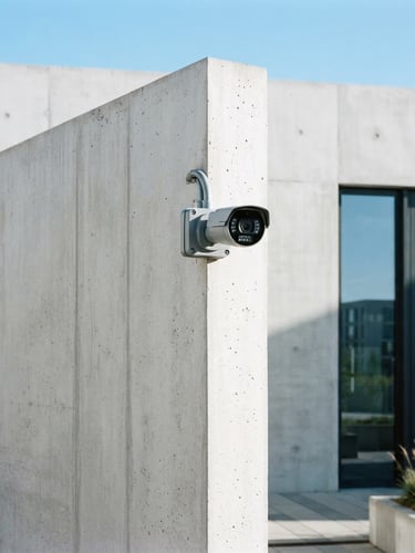 Sleek modern CCTV camera mounted on a clean concrete architectural corner, bright natural daylight, cool blue tones, sharp focus