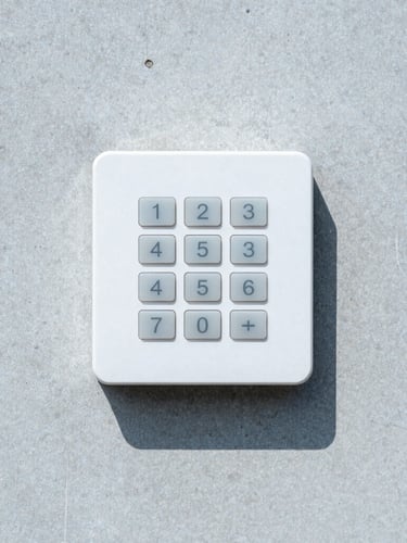 Medium close-up of a sleek white security alarm keypad mounted on a minimalist concrete wall, bright natural daylight, cool blue undertones, sharp focus.