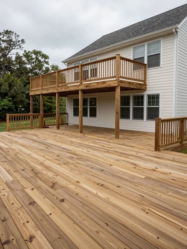 Wide environmental shot of a large finished composite deck attached to a two-story home in Delaware, photographed from the backyard in overcast daylight, showing the full deck structure, railing system, and its relationship to the house — wood grain and material quality visible, no people, no furniture staging