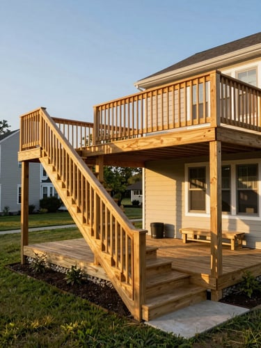 Wide environmental daylight photograph of a completed multi-level pressure-treated deck on a Delaware neighborhood home — stairs leading to lawn, built-in bench on upper level, afternoon golden-hour light raking across the deck boards at low angle, viewed from the yard corner to show full structure depth