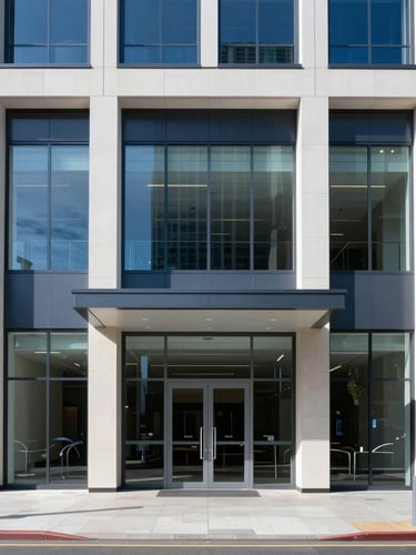 Bright natural daylight architectural shot of a modern commercial building facade with clean glass windows and a professional entrance in Sydney, corporate blue tones