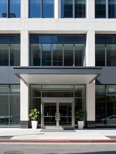 Straight-on architectural shot of a modern clean commercial building entrance in Sydney, bright natural daylight, corporate blue tones.