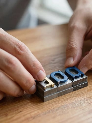 Close-up macro shot of hands carefully arranging metal typesetting letters on a wooden table, warm library lighting, tactile paper textures.