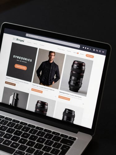 Close-up overhead shot of a laptop screen displaying a high-contrast ecommerce product page UI—clean dark header, bold product photography, clear add-to-cart CTA visible—on a matte black desk under directional studio light, keyboard edge visible at bottom frame