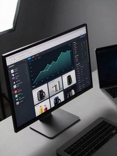 Close overhead shot of a large monitor displaying a live ecommerce dashboard—product grid, conversion rate graph, revenue ticker—on a dark-themed UI; a second laptop partially visible to the right edge; clean studio light from the upper left casting sharp contrast across the screens; no people, no faces