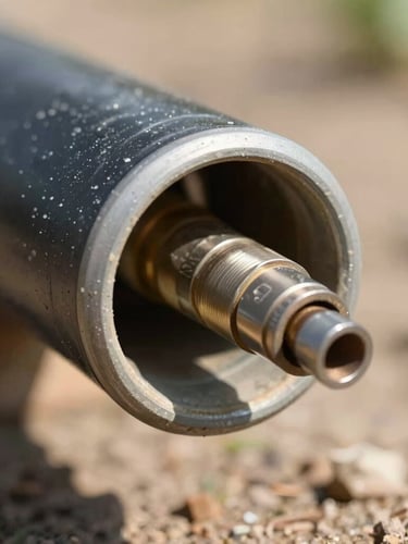 Macro photography of an agricultural drip irrigation pipe cross-section, showing the precise inline emitter, natural daylight, high-contrast shadows