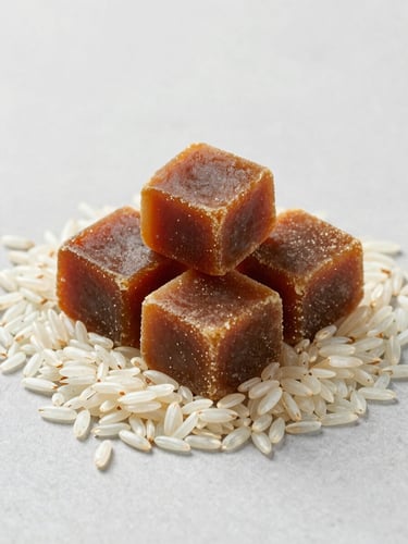 Sharp commercial photography of raw jaggery blocks and polished long-grain rice on a clean technical slate background, bright daylight, rich organic tones
