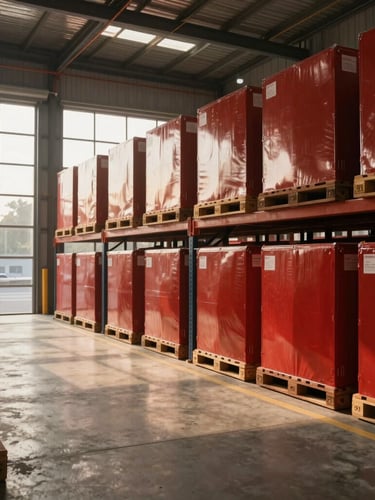 Wide-angle interior of a modern, organized Bhiwandi logistics warehouse with secure cargo pallets and clean concrete floors, warm morning light streaming through high windows.
