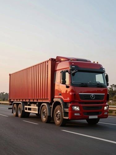 Low-angle powerful shot of a modern multi-axle crimson container truck in motion on a clean Indian national highway during golden hour, sharp focus, cinematic lighting.