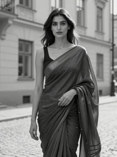 Medium shot, black and white editorial fashion photography of a modern woman in Stockholm streets draped in a classic saree, soft Scandinavian daylight, elegant architectural background.