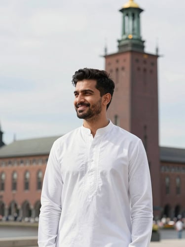 Medium shot of a man wearing a white embroidered cotton Panjabi, smiling in front of the Stockholm City Hall, soft natural daylight, 35mm lens
