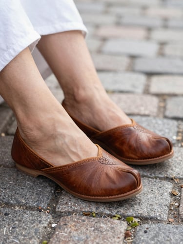 Close-up of traditional South Asian Nagra shoes on Stockholm cobblestones, soft morning light, focus on leather craftsmanship, 35mm lens