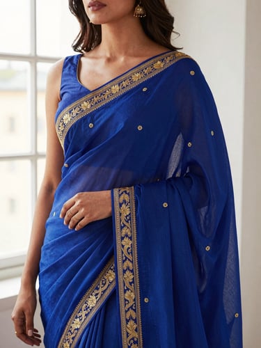 Elegant close-up of a woman in a royal blue saree with gold embroidery, soft Stockholm window light, highlighting fabric drape and texture