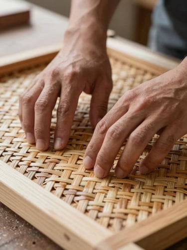 Extreme close-up of hands pressing rattan weave onto a frame at a workbench, joinery detail visible, natural diffuse daylight from the left, honey and tan tones, no flash, shallow depth of field on the weave surface
