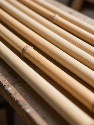 Extreme close-up of hand-selected rattan poles laid parallel on a workshop bench, soft north-facing daylight raking across the surface, pale honey-amber cane showing consistent diameter and tight grain, no props or styling