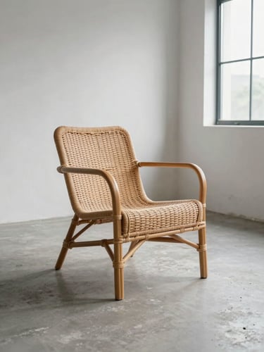 Wide environmental view of a finished natural rattan armchair standing on a concrete floor in a bare production studio — honey-toned poles, visible joinery at the arm connection, soft overcast light from a high window to the right, no props or styling