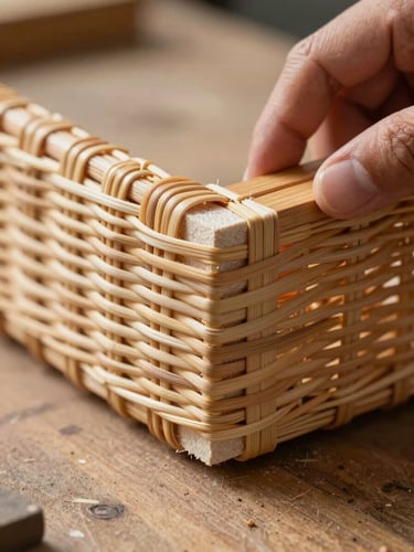 Extreme close-up of natural rattan joinery wedge being fitted by hand on a workbench, soft north-facing daylight from the left, honey-coloured rattan fibres and raw wood grain visible in sharp detail, framed tight on the joint with the surrounding workshop floor slightly out of focus