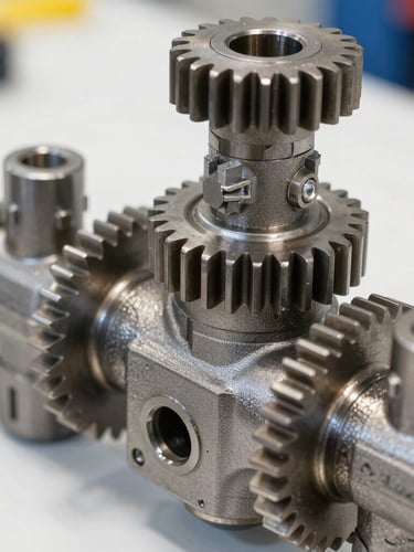 Sharp detailed macro shot of heavy-duty steel gears and hydraulic valves in bright, clean workshop daylight, high-contrast metallic tones.