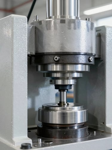 Sharp industrial photography of a heavy-duty steel hydraulic press component in bright clean workshop daylight, 50mm lens