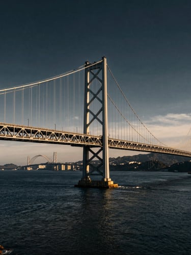 High-contrast wide-angle shot of a massive steel suspension bridge spanning a deep harbor, dramatic sunlight catching the cables, industrial scale