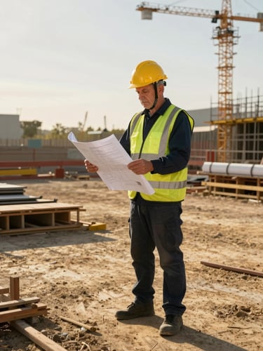 A professional senior civil engineer in high-visibility gear and hardhat examining blueprints on a high-contrast, sunlit construction site, extreme detail
