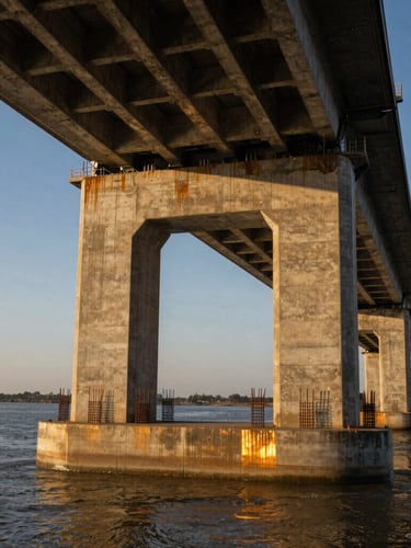 Wide cinematic shot of massive concrete bridge pillars rising from a riverbed, dynamic golden hour sunlight reflecting off wet steel reinforcements
