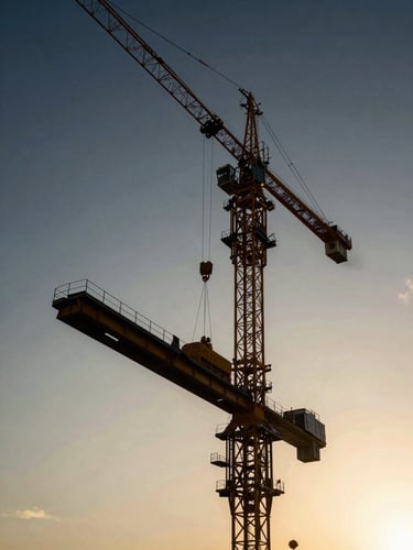 Dramatic low-angle view of a massive crane hoisting structural steel against a high-contrast golden-hour sky, highly detailed architectural photography