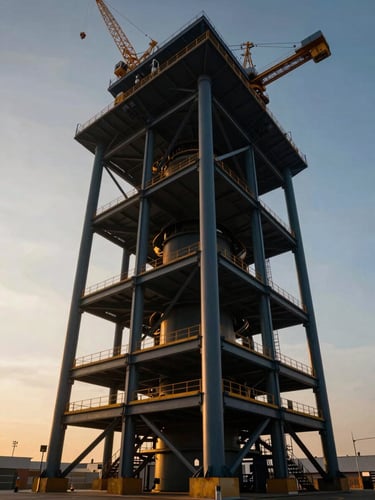 Dramatic low-angle view of a massive steel superstructure under a golden hour sky, cranes in negative space, highly detailed cinematic architectural photography