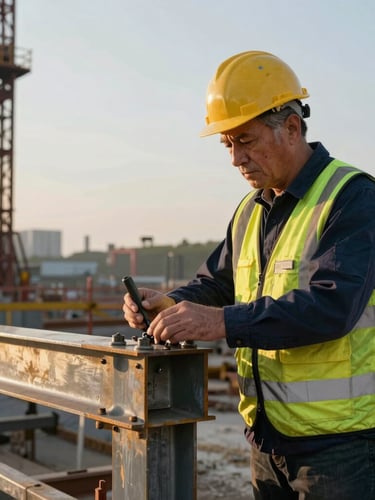 Close-up of a senior civil engineer in high-visibility gear inspecting steel joints on an active industrial construction site, cool overcast daylight
