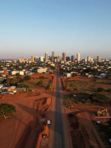 Wide panoramic aerial drone shot at golden hour over a Cameroonian urban fringe — newly graded road infrastructure cutting through red-earth terrain toward a mid-distance city skyline, long shadows stretching left, expansive sky occupying the upper third, construction machinery visible at lower right