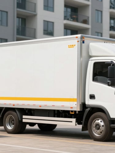 A clean, branded moving truck parked in a modern apartment tower loading bay, crew members in yellow uniforms preparing heavy-duty packing blankets.