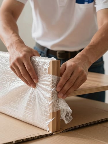 Close-up action shot of a professional mover in a clean uniform wrapping a wooden furniture corner with heavy-duty bubble wrap and protective cardboard, bright natural daylight, sharp focus on hands.
