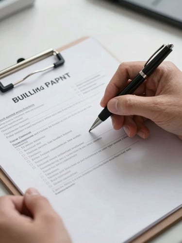 Close-up of a clipboard with building permit documents, hands holding a pen checking off security requirements, clean industrial background.