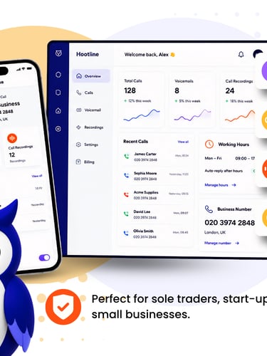Hootline mobile app and web dashboard showing business calls, voicemail, recordings and working hour