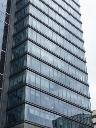 A modern South African business district building facade, clean glass architecture reflecting bright overcast daylight, cool blue and slate tones.