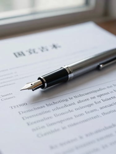 Close-up of a fountain pen resting on official legal documents, bright natural window light, professional corporate photography