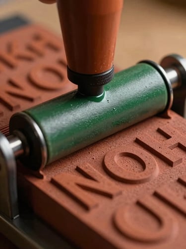 Extreme close-up of letterpress ink being rolled onto a typographic block, deep terracotta and forest green inks visible on the roller, tactile texture of the block surface under warm studio strobe light, no text readable