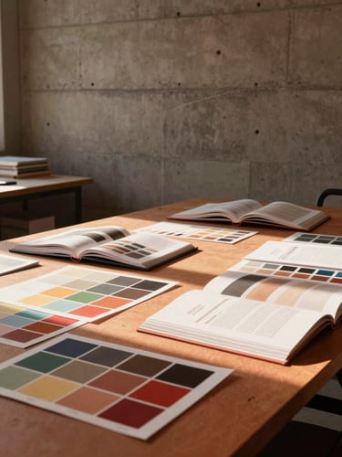 Wide editorial shot of a design studio interior, São Paulo afternoon light raking across a large work table covered in printed color swatches and open brand books, warm ochre and terracotta tones dominant, architectural concrete wall in background, no people