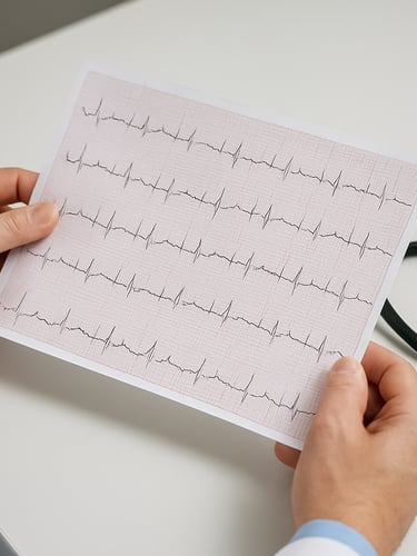 Close-up of veterinarian hands holding a printed ECG report over a clinical desk, electrocardiogram waveform clearly visible on paper, stethoscope resting beside it, even studio lighting, sharp clinical detail