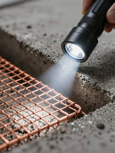 Tight macro shot of heavy-gauge copper mesh being secured inside a concrete foundation gap, dramatic flashlight beam lighting, high contrast.