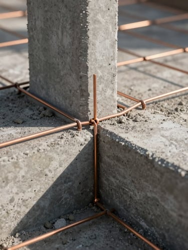 A close-up shot of a structural foundation joint being sealed with heavy-gauge copper mesh, high-contrast early morning daylight casting sharp shadows on concrete, technical precision.