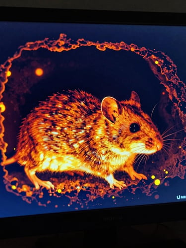 High-contrast thermal imaging screen showing heat signatures of rodents inside a wall cavity, sharp orange and yellow hot spots against dark blue background, technical overlays.