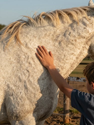 Close environmental frame, a child's hand resting gently on a horse's neck in a dusty Oakdale paddock, golden afternoon light raking across the horse's coat, the child's face turned away, weathered fence post visible at right edge