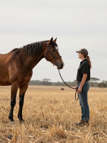 Wide environmental shot, an adult standing at rest beside a large horse in an open Oakdale pasture, overcast daylight, the person's profile visible, hands loosely holding a lead rope, dry golden grass in the foreground, low horizon